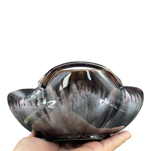 1960s Ceramic Porcelain Dish Bowl W Handles Dark Brown White Drip Glaze Vintage - Picture 10 of 16